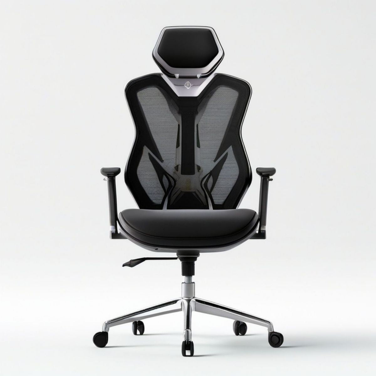 Ergonomischer Bürodrehstuhl mit Kopfstütze und Netzrücken, Schwarz/Silber, 66 x 66 x 118–128 cm