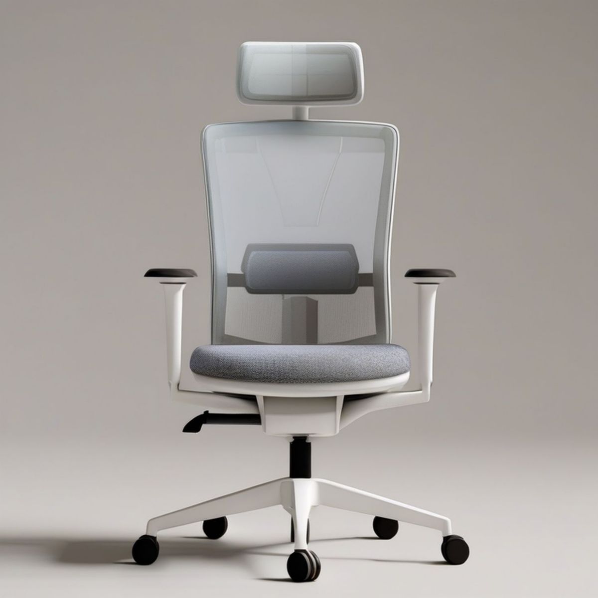 Ergonomischer Bürostuhl mit Kopfstütze und Lendenstütze, Grau/Weiss/Schwarz, 64 x 64 x 118–128 cm