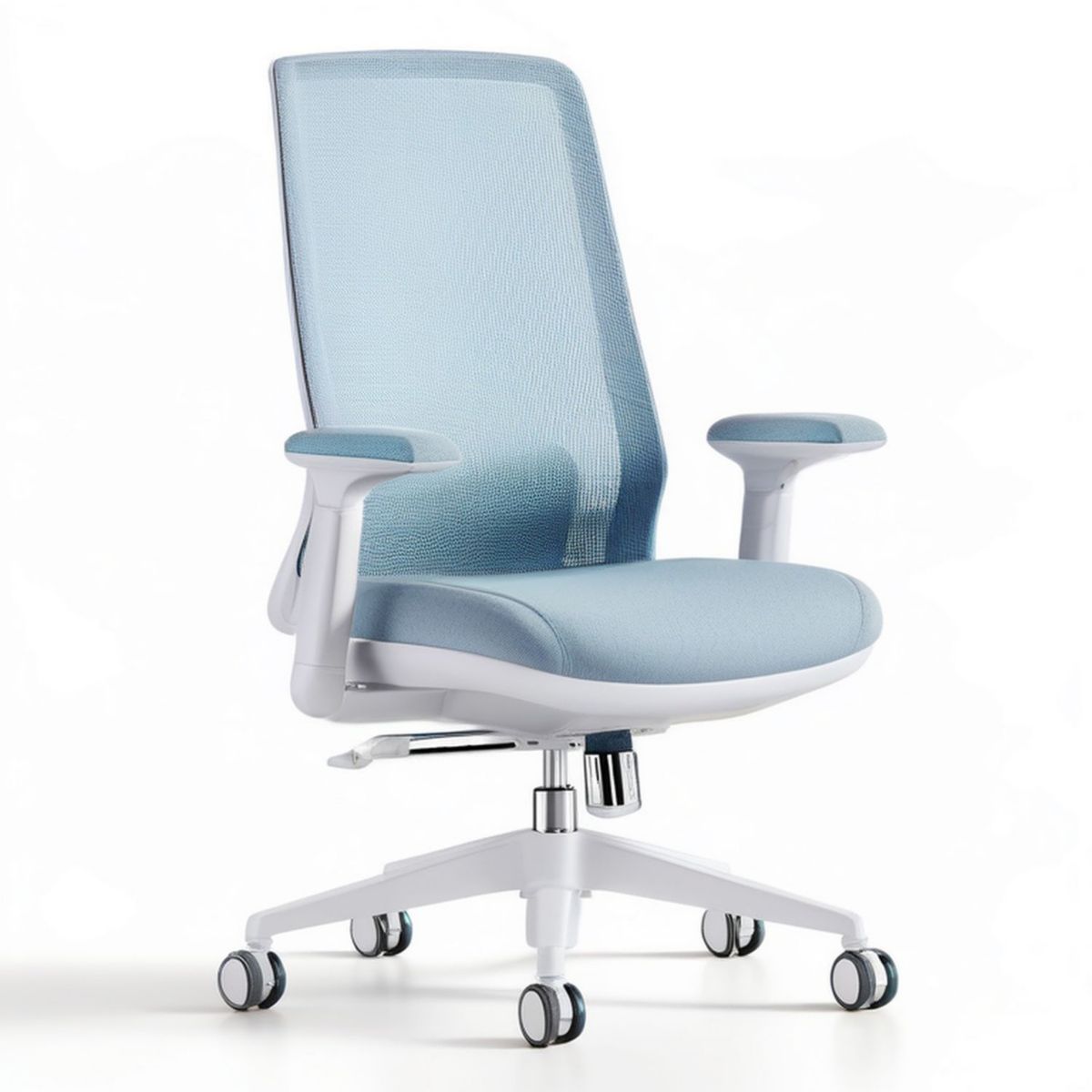 Ergonomischer Bürostuhl, höhenverstellbar, Hellblau/Weiss/Chrom, 64 × 64 × 114–124 cm