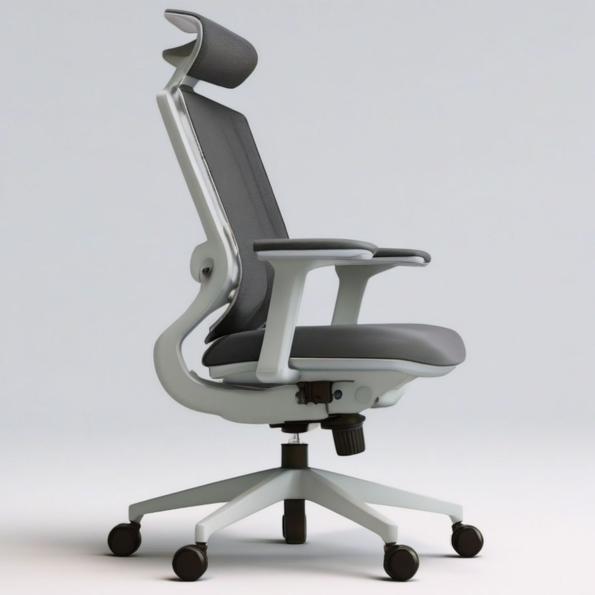 Ergonomischer Bürodrehstuhl mit Kopfstütze, Netzrücken und Armlehnen, Grau/Schwarz, 66 x 66 x 118–128 cm