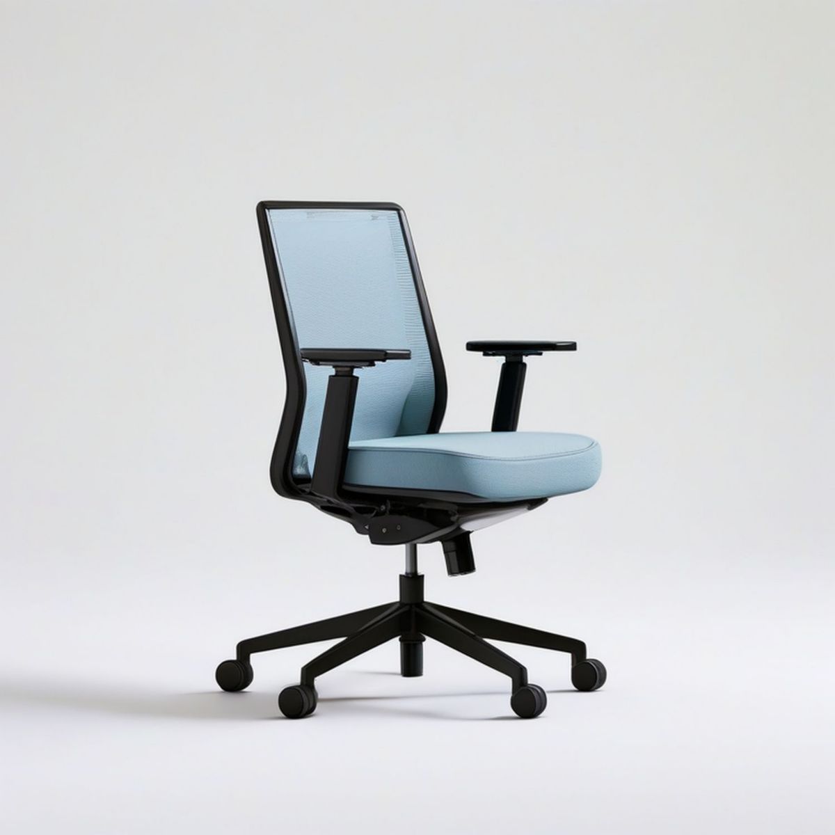 Ergonomischer Bürodrehstuhl mit Netzrücken, Armlehnen und Rollen, 64 x 64 x 98–108 cm, Hellblau/Schwarz