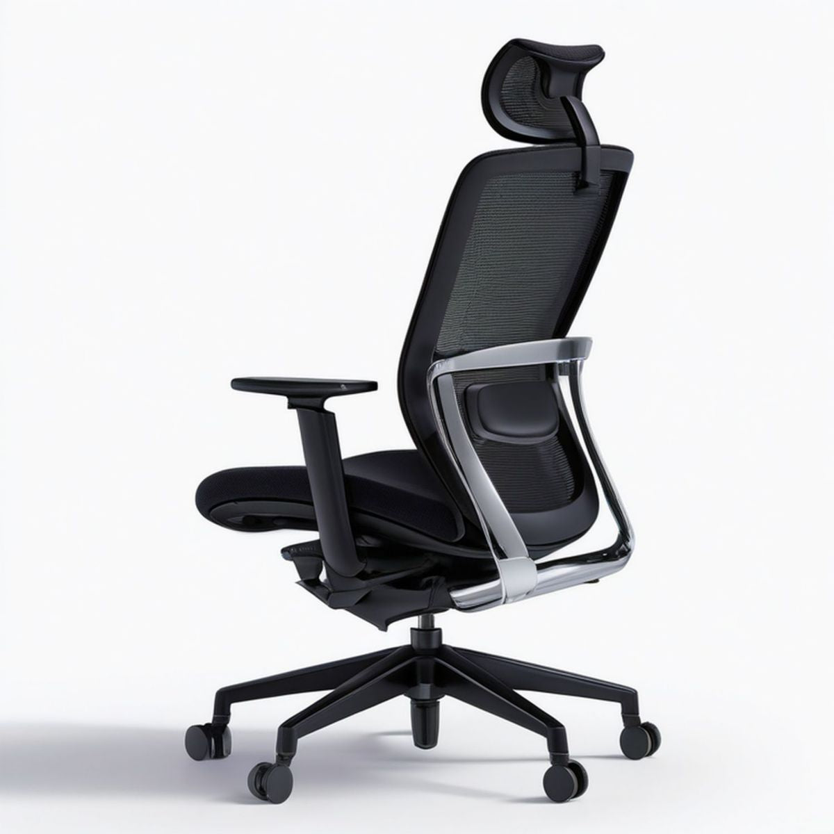 Ergonomischer Drehstuhl mit Kopfstütze, Netzgewebe, Schwarz/Silber, 68 x 68 x 118–128 cm