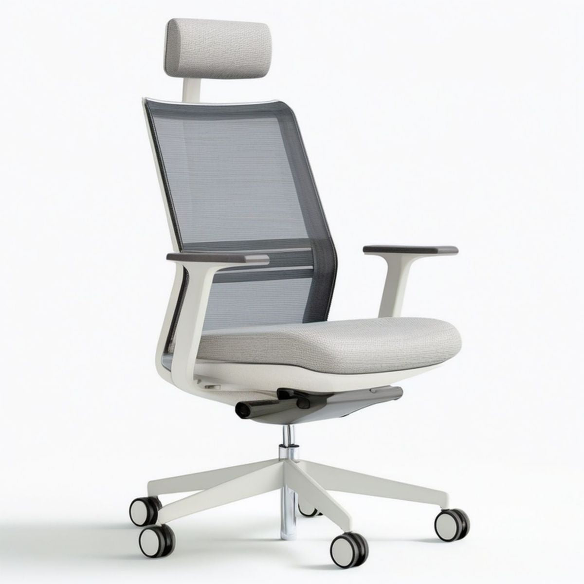 Ergonomischer Bürostuhl mit Kopfstütze und Netzrücken in Hellgrau, 66 x 66 x 118–128 cm