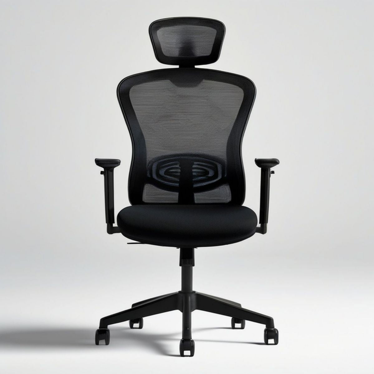 Ergonomischer Bürostuhl Schwarz mit Kopfstütze, Netzrücken und Armlehnen, 65 x 65 x 118–128 cm