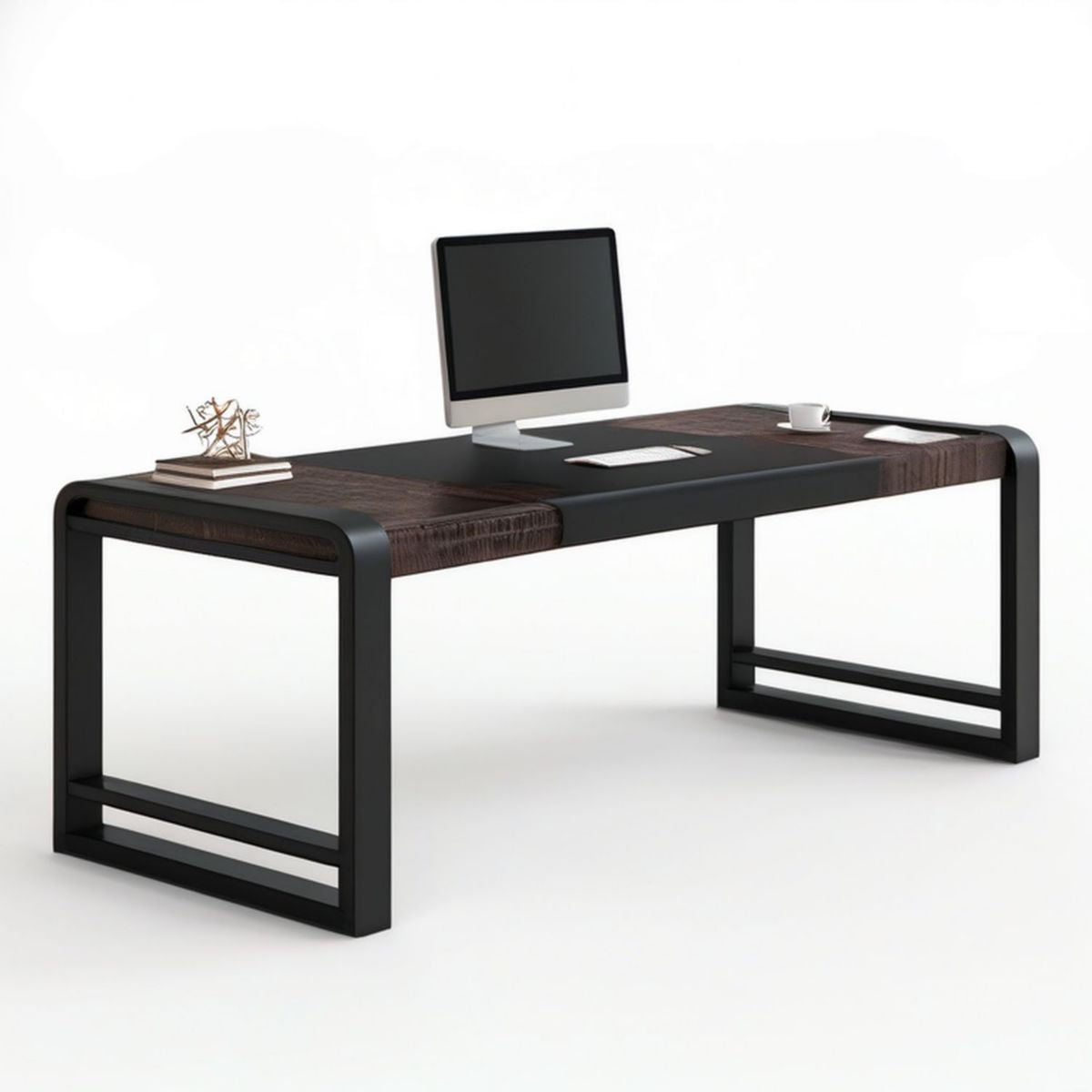 Schreibtisch 160 x 70 x 75 cm Schwarz/Dunkelbraun mit Stahlgestell und Walnussfurnier