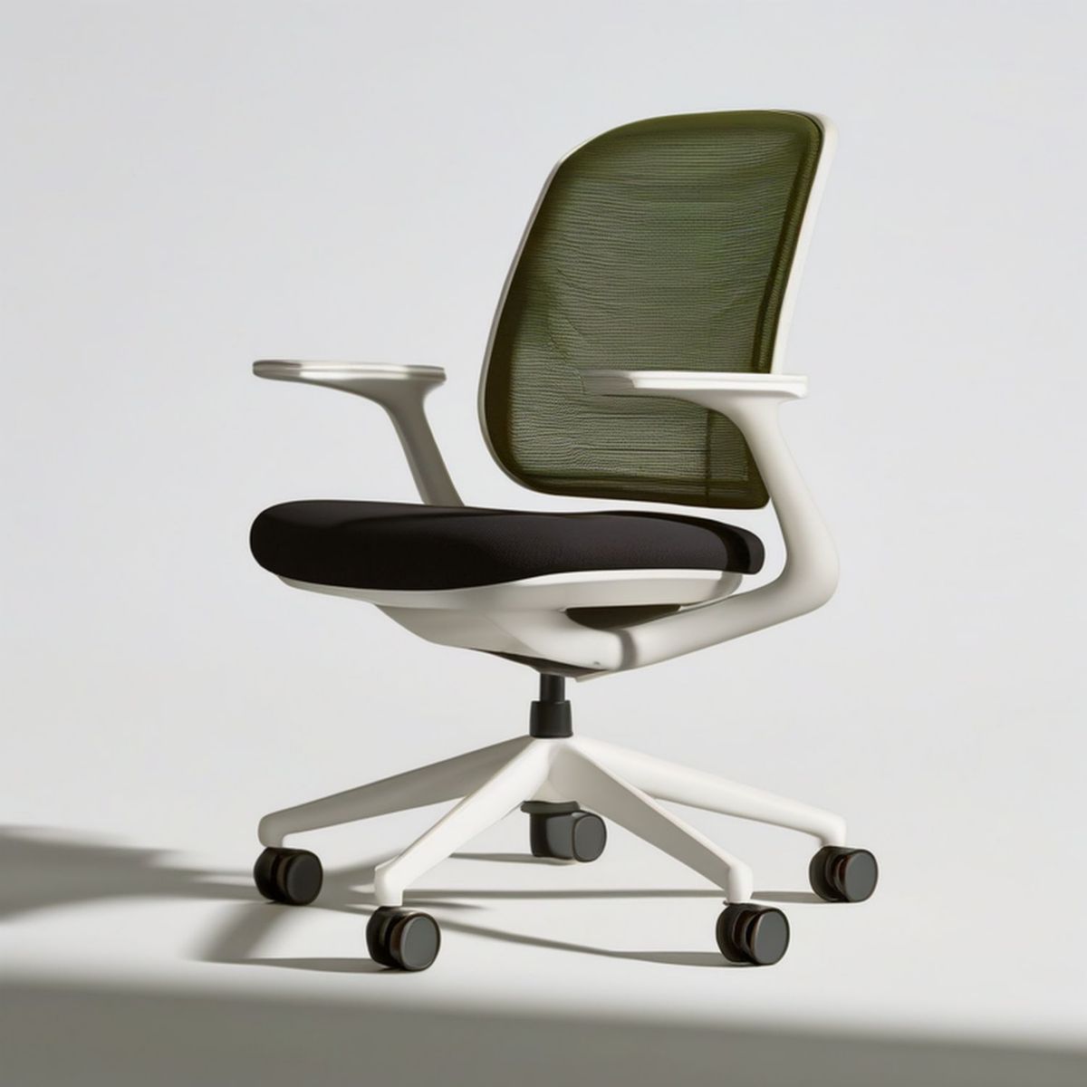 Ergonomischer Bürostuhl mit Armlehnen, Netzrücken, Schwarz/Olivgrün/Weiss, 64 x 64 x 92–102 cm