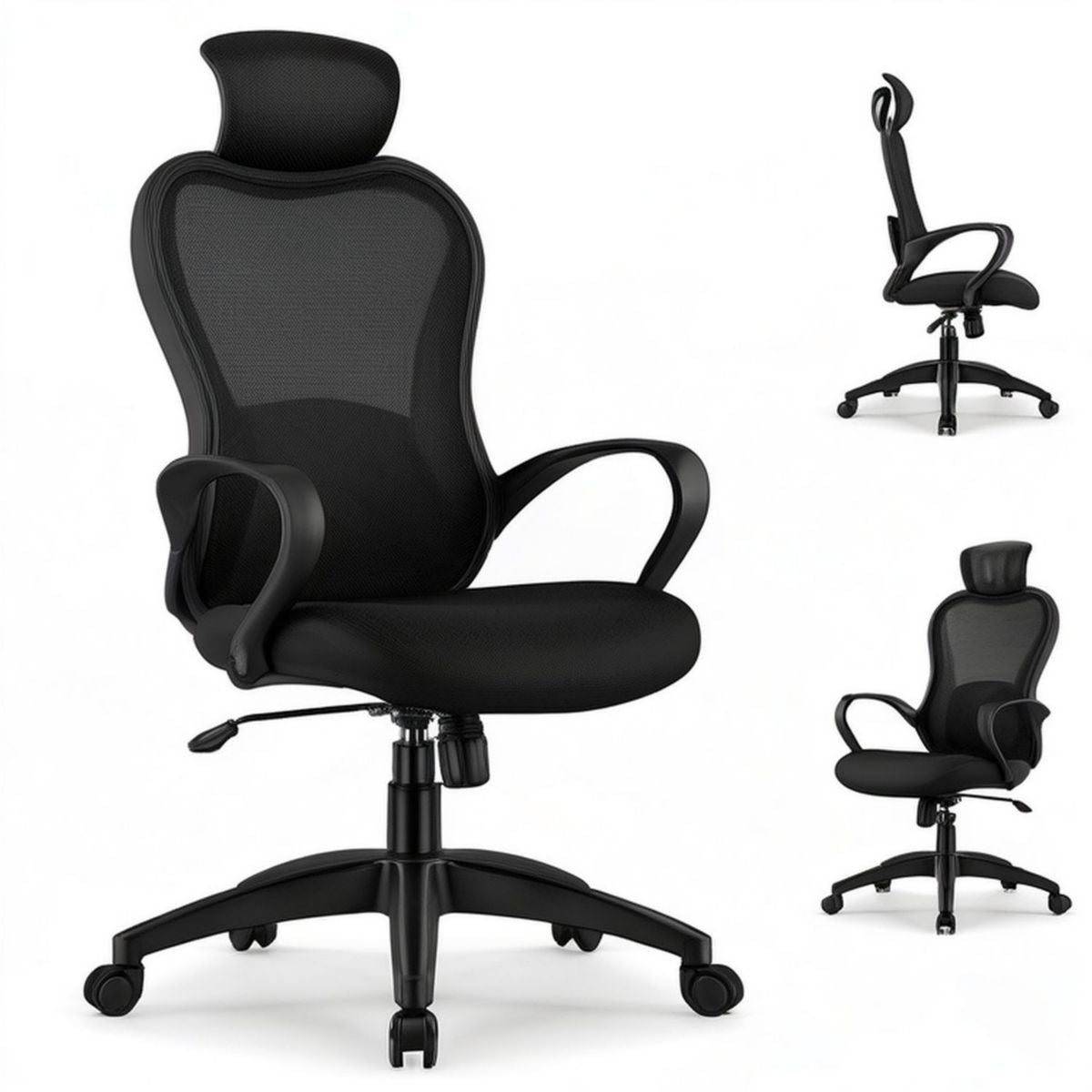Ergonomischer Bürostuhl mit Kopfstütze, Netzrückenlehne und Rollen, Schwarz, 65 x 65 x 112–122 cm