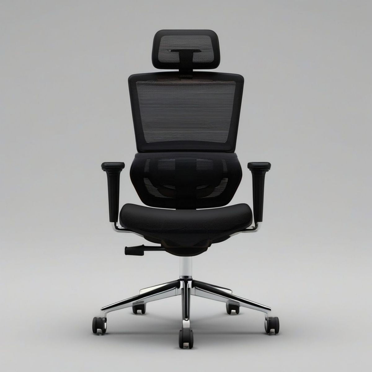Ergonomischer Drehstuhl mit Kopfstütze und Netzrücken, Schwarz/Silber, 65 x 65 x 118–128 cm