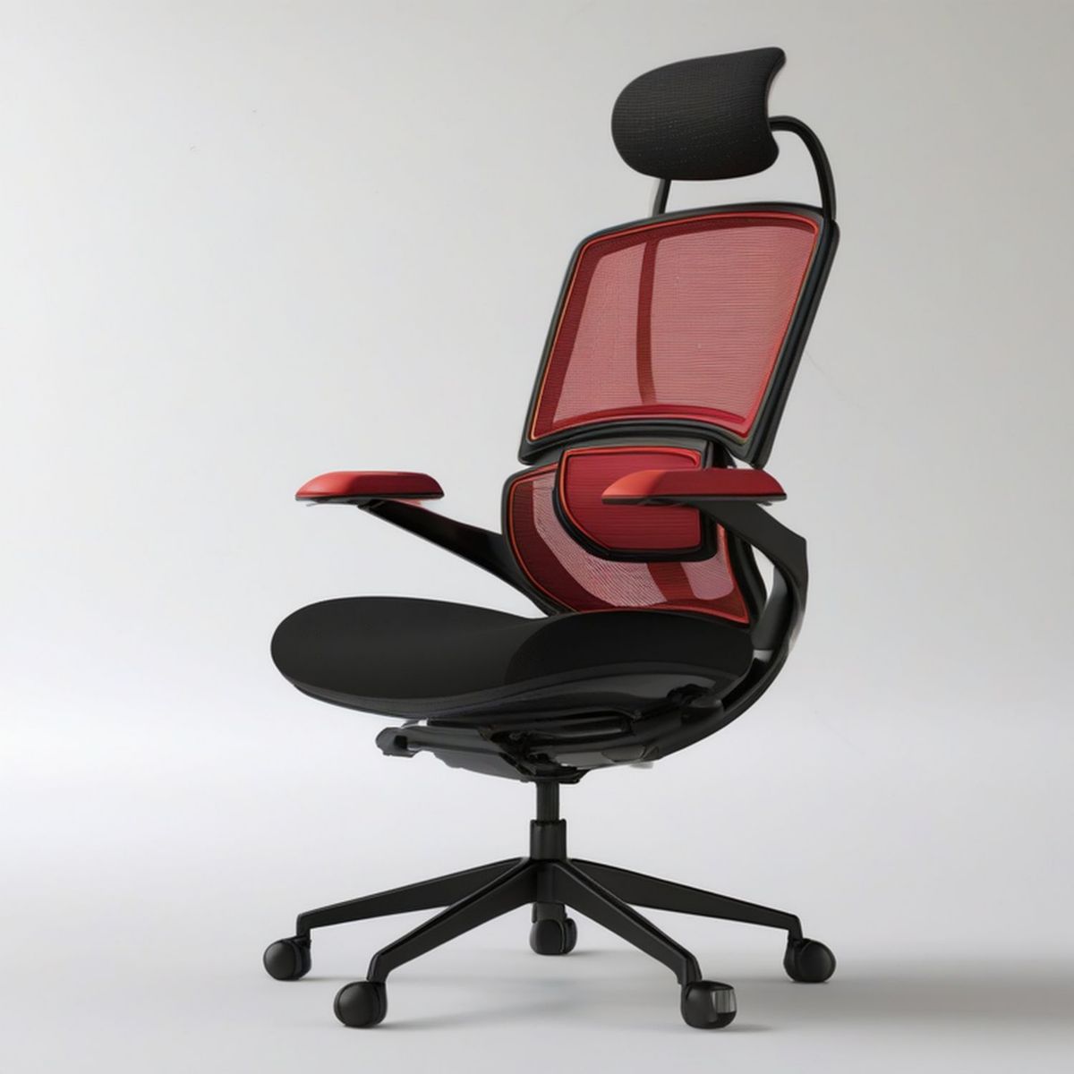 Ergonomischer Bürostuhl mit Kopfstütze und Netzrücken, Schwarz/Rot, 66 × 66 × 118–128 cm
