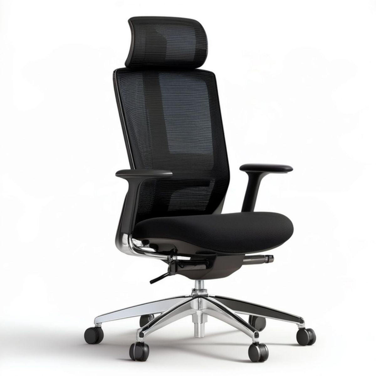 Ergonomischer Bürostuhl mit Kopfstütze, Netzrücken und Armlehnen, Schwarz/Silber, 66 x 66 x 116–126 cm