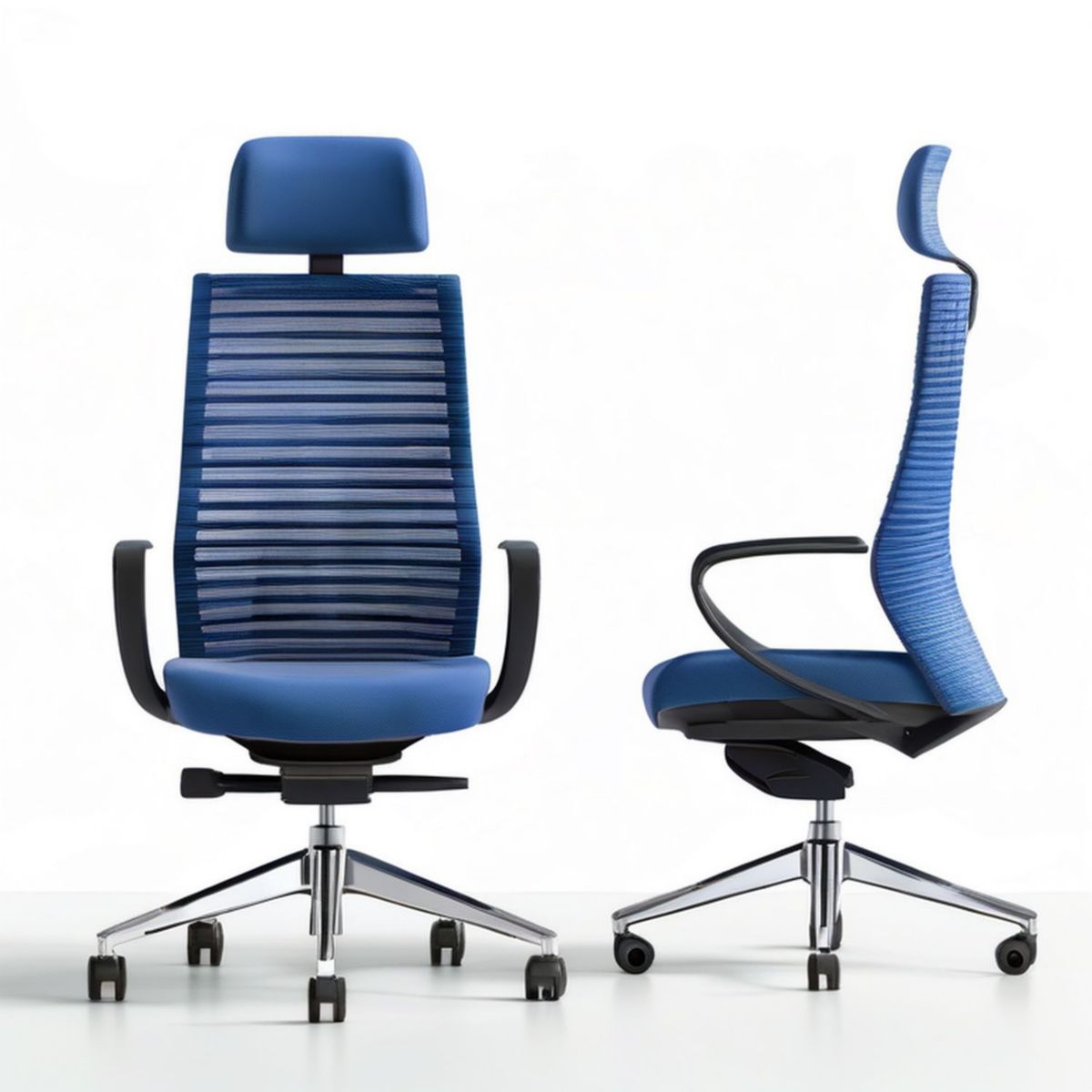 Ergonomischer Bürostuhl mit Kopfstütze, 66 x 66 x 119–129 cm, Blau/Schwarz/Silber