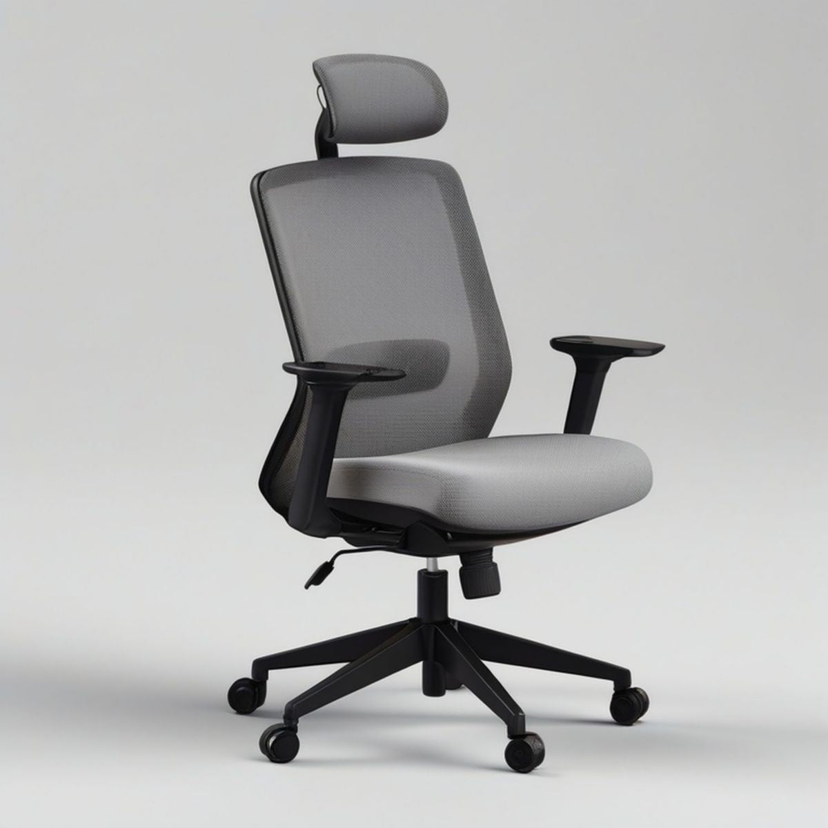 Ergonomischer Drehstuhl mit Kopfstütze, 66 x 66 x 118–128 cm, Grau/Schwarz